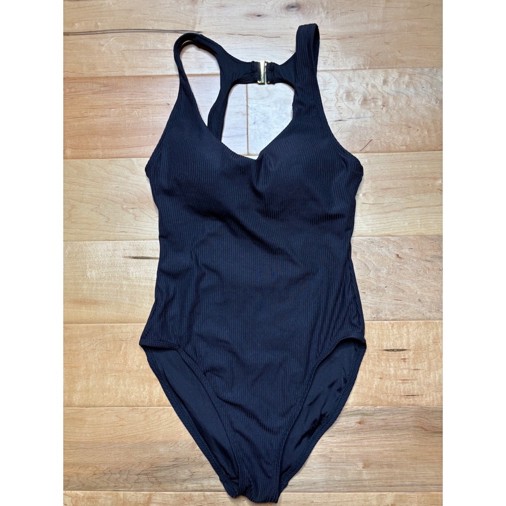 Andie One Piece Swimsuit Womens M (Tag L)  Black Ribbed‎ Racerback V-Neck